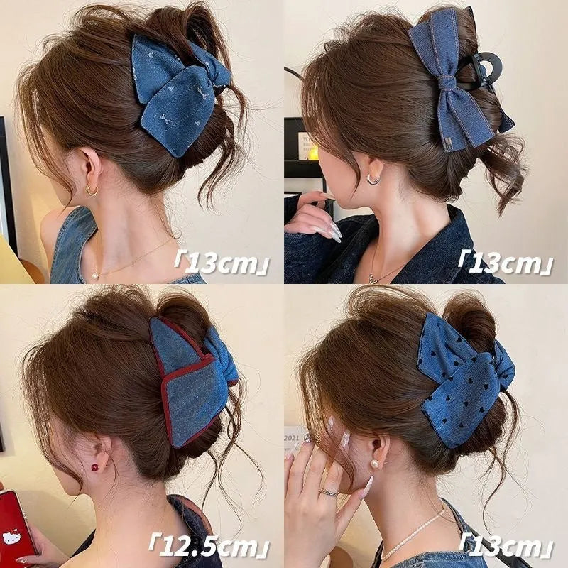Handmade denim fabric bow hair clip with acrylic triangle decoration and plastic grip