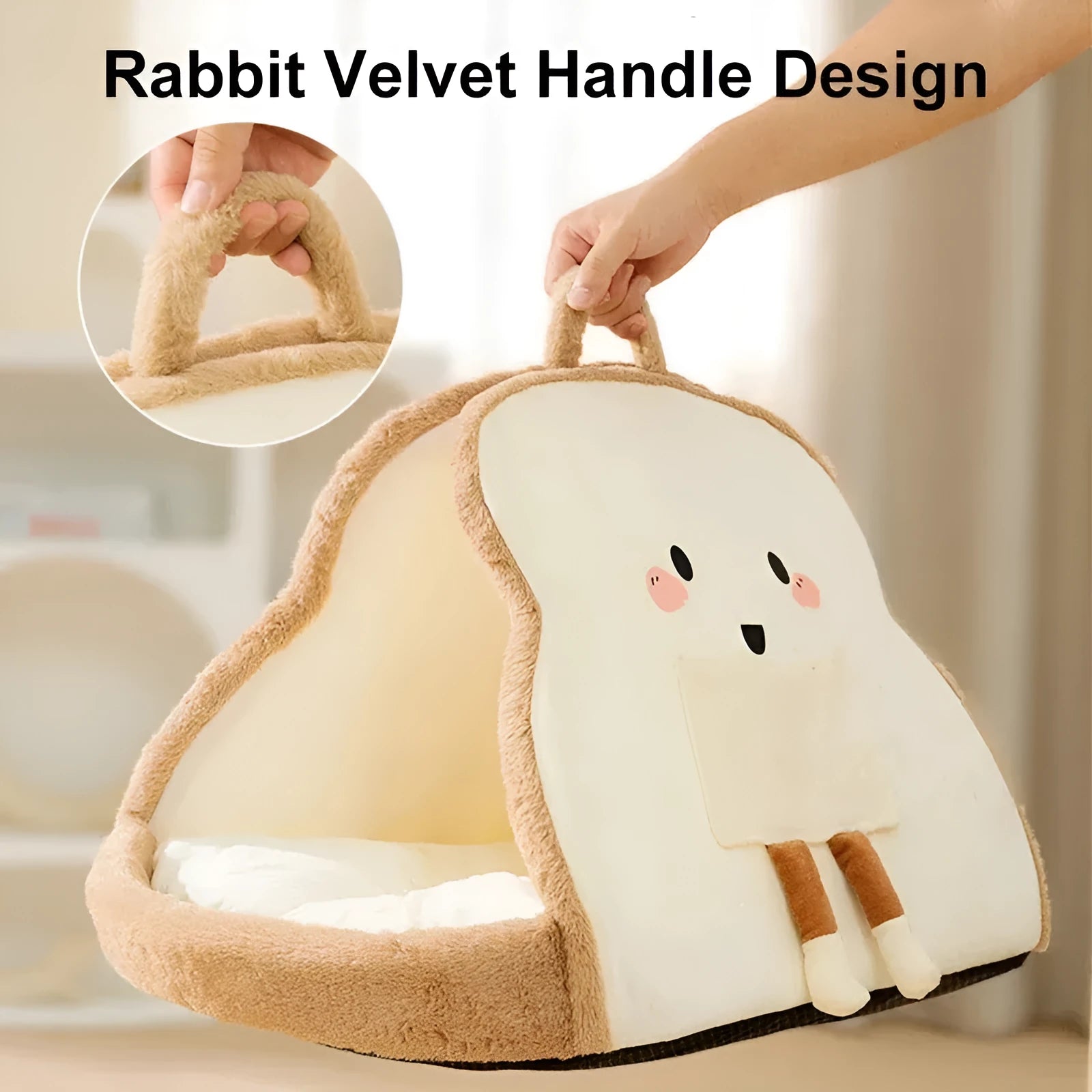 Green insulated cat tent pet bed with fleece blanket, shown in a home setting.