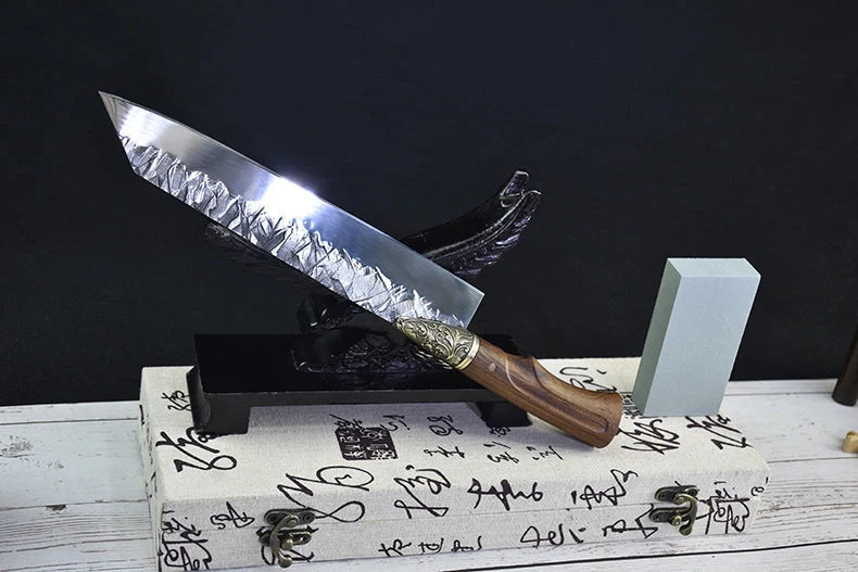 Hand-forged slicing knife with rosewood handle and leather case