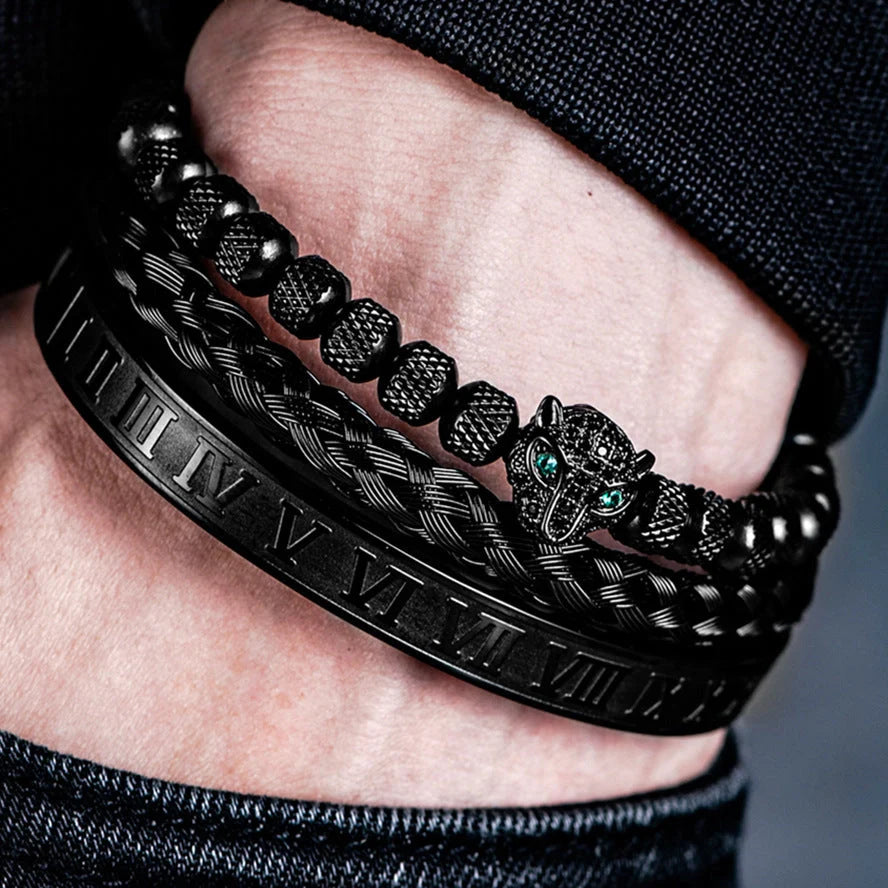 Leopard Head Set Mesh Pineapple Pearl Roman Bracelet in titanium steel with animal zodiac design