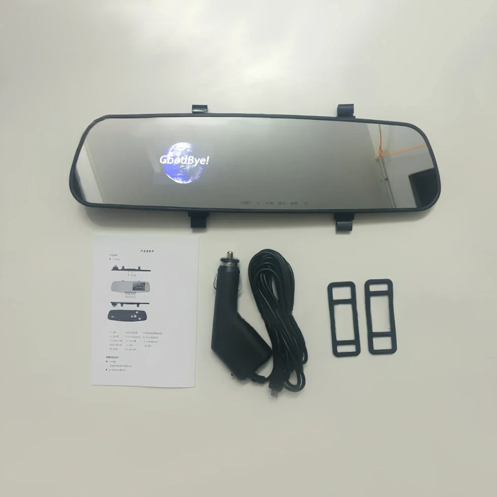 1080P HD rearview mirror driving recorder with 30cm x 8cm size, dual lenses, and motion detection display