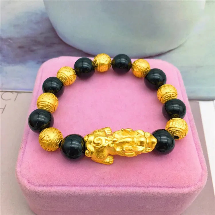 Vietnamese sand gold gold-plated brave bracelet with black beads, unisex design