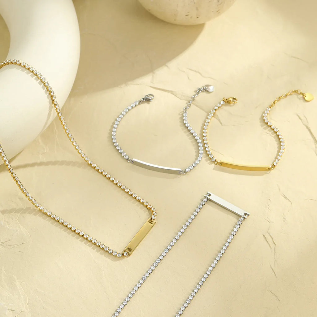 18K gold finish stainless steel diamond-embedded lettering bracelet with adjustable chain, geometry shape