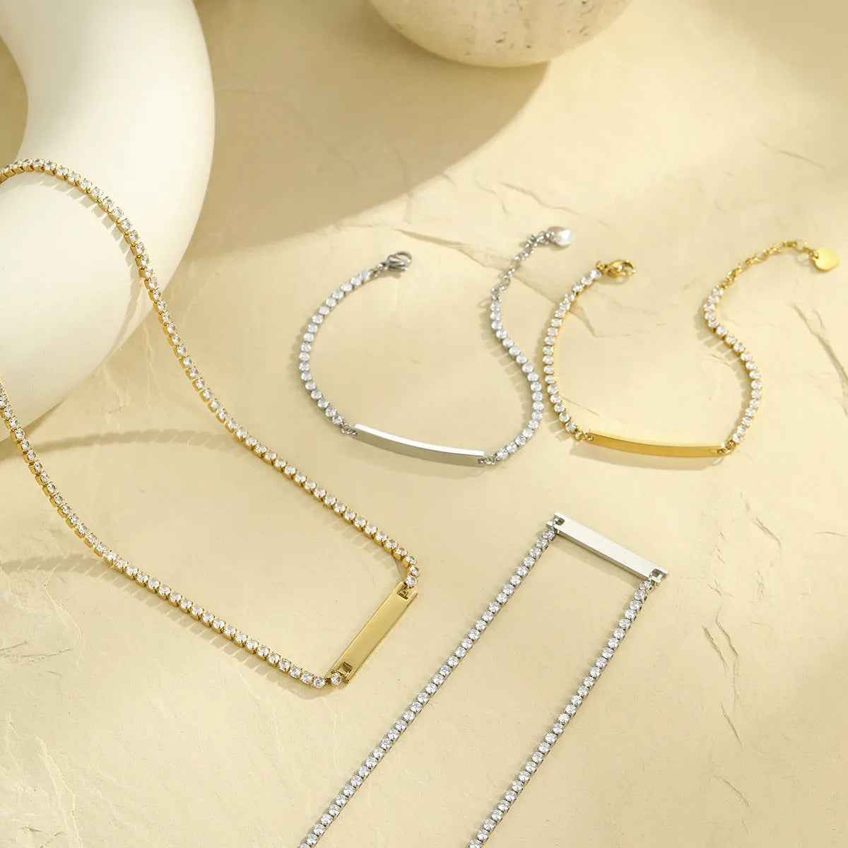 18K gold finish stainless steel diamond-embedded lettering bracelet with adjustable chain, geometry shape