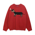 American retro sausage puppy jacquard round neck sweater pullover in gray, loose fit acrylic casual top for teenagers