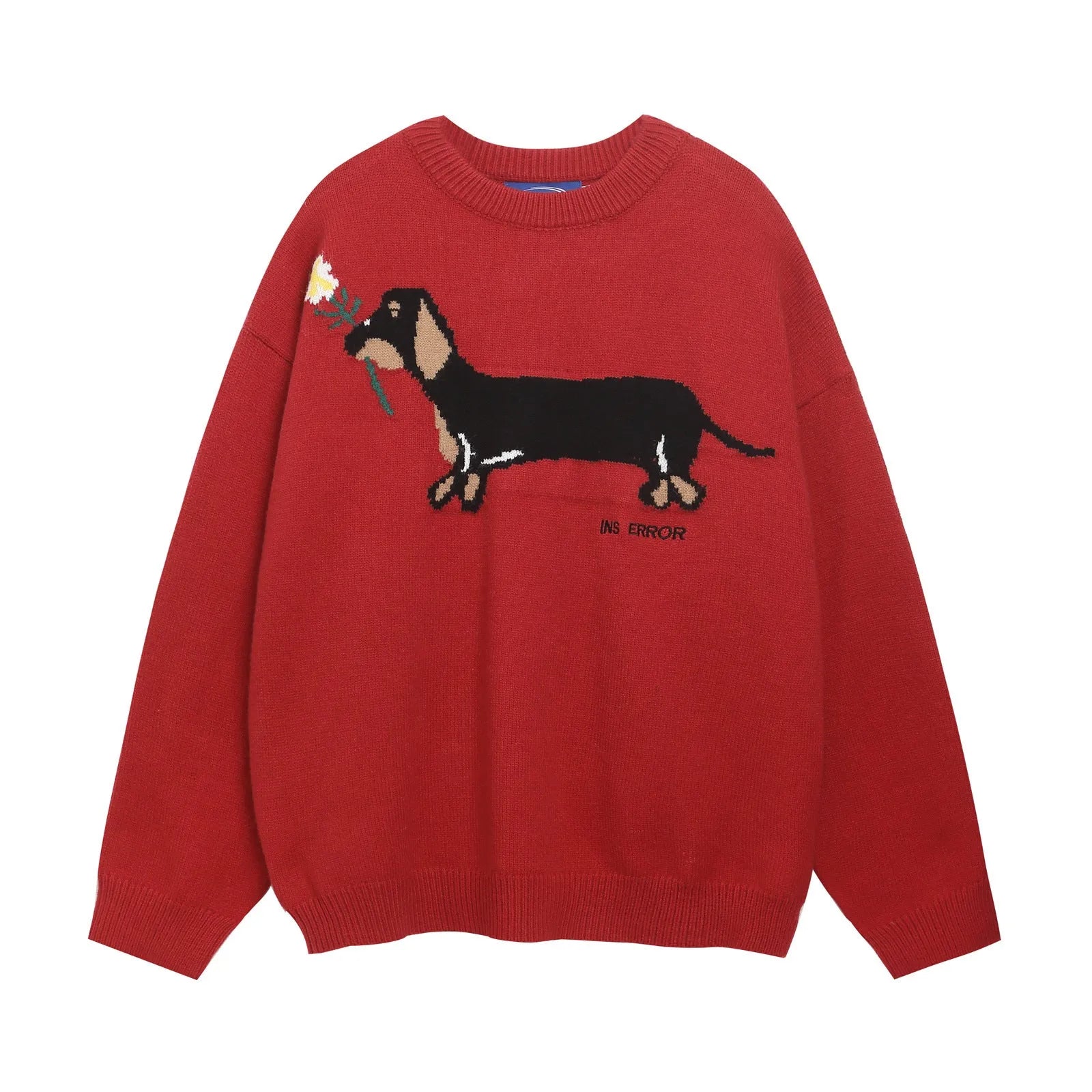 American retro sausage puppy jacquard round neck sweater pullover in gray, loose fit acrylic casual top for teenagers