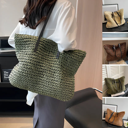 Brown woven summer shoulder bag, 42x36x4 cm large capacity with zipper for women's beach use