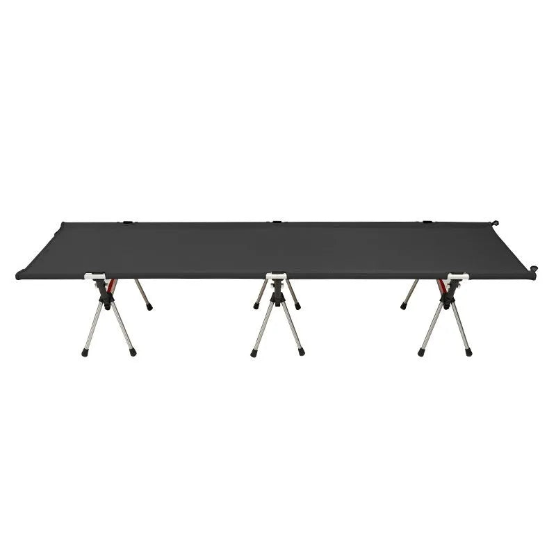 Portable folding camp bed with aluminium brackets in khaki colour, shown folded and in storage bag