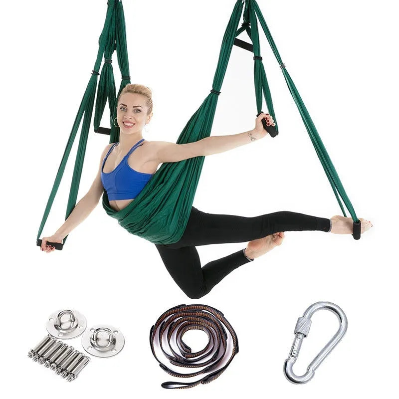 Full set aerial yoga hammock with 6 handles in non-elastic 210T nylon spinning, Royal Blue colour, for fitness and yoga practice