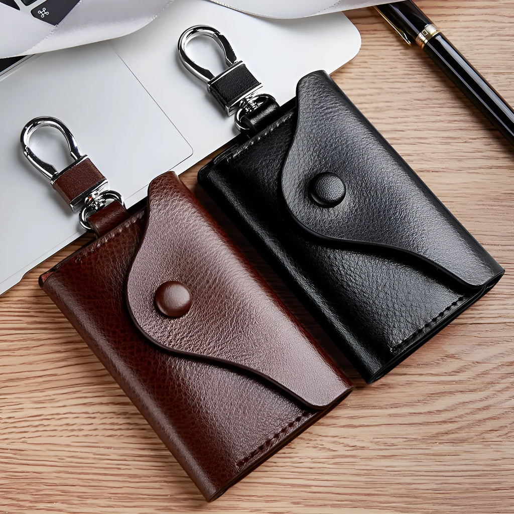 Genuine leather keychain card holder in square vertical format with internal key mapping