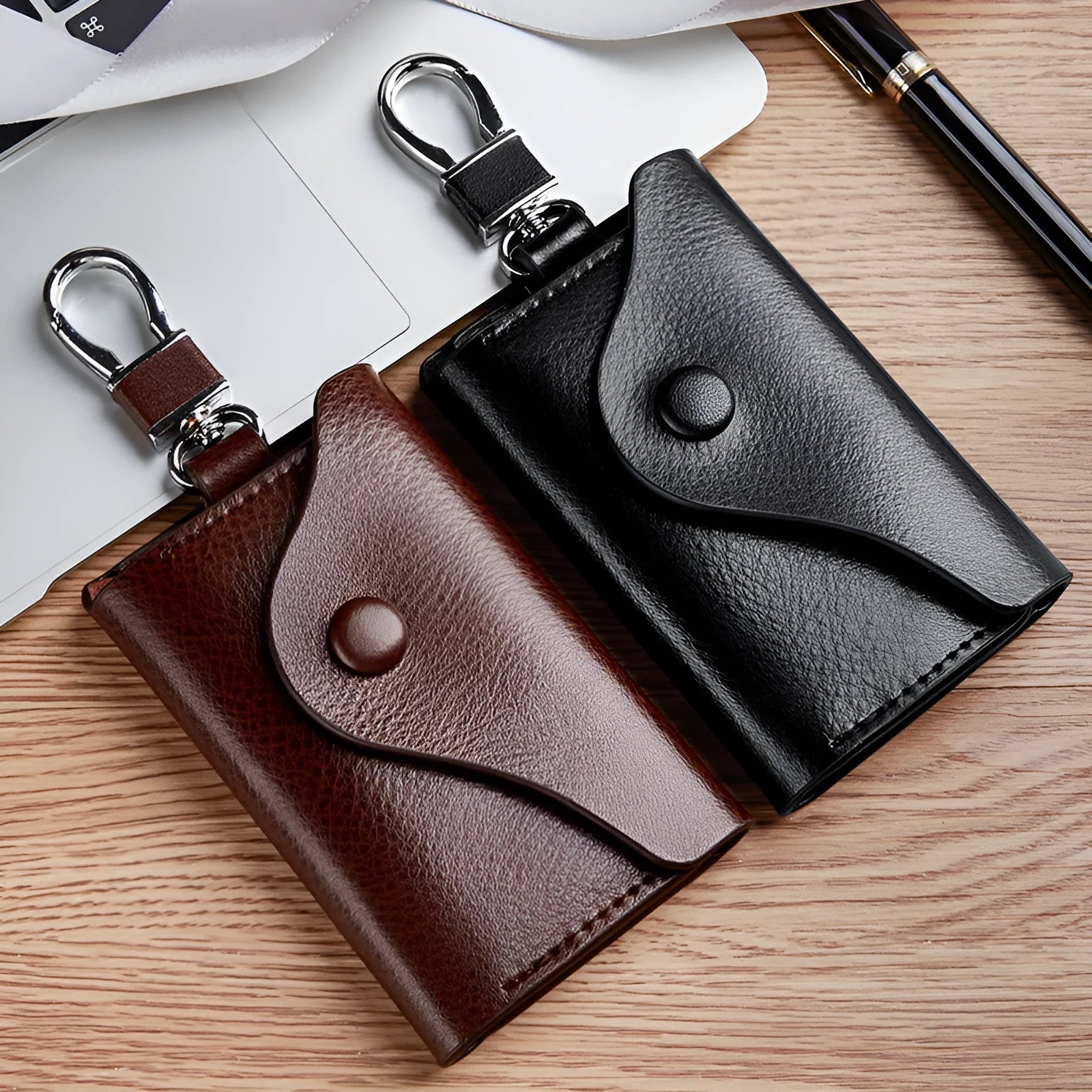 Genuine leather keychain card holder in square vertical format with internal key mapping