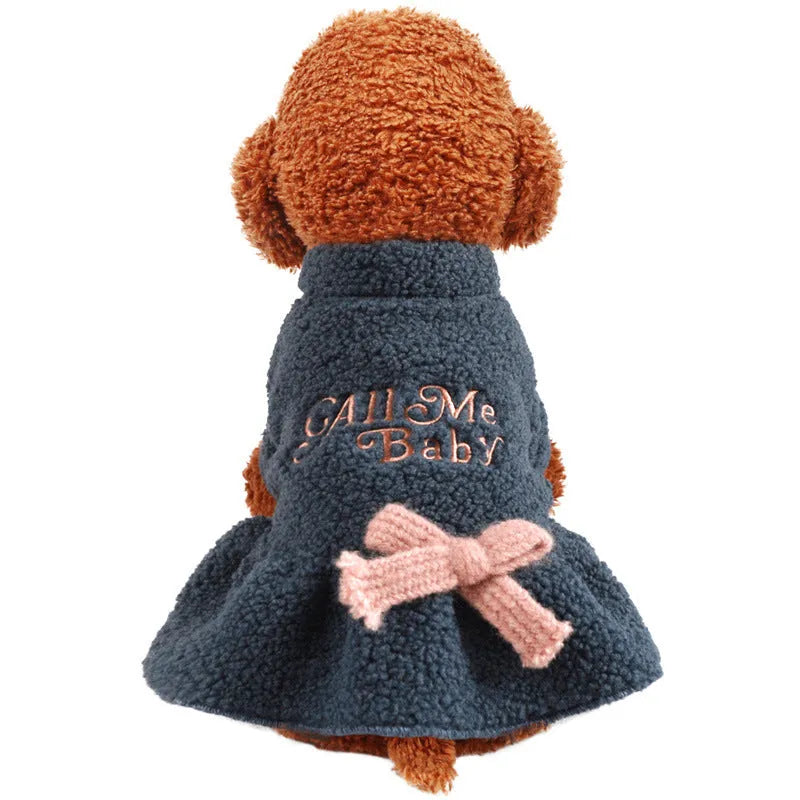 Berber fleece pet skirt for dogs and cats in baby letter print design available in pink or dark blue