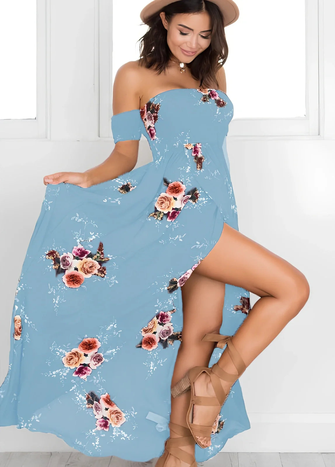 Women's boho off-shoulder summer dress in stretch fabric with beach-ready design