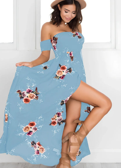 Women's boho off-shoulder summer dress in stretch fabric with beach-ready design