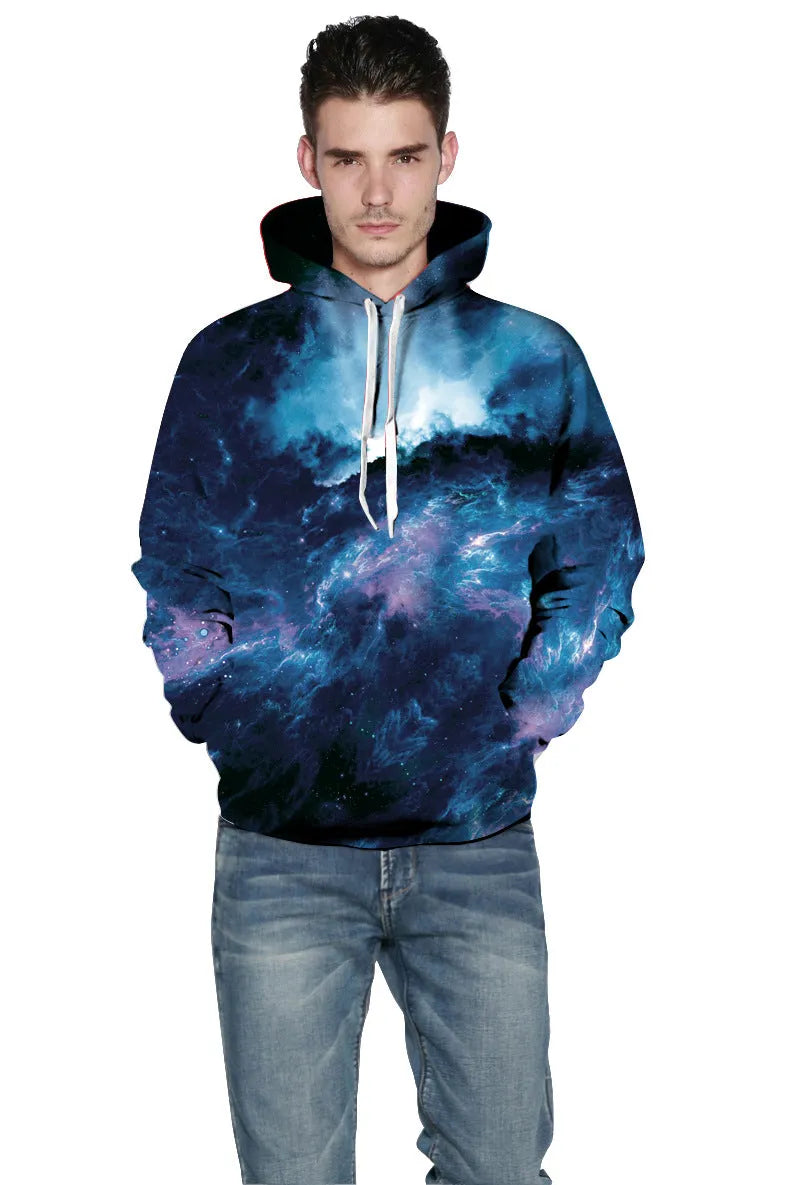 Deep Blue Galaxy Hoodie pullover with printed galaxy pattern on a deep blue background, front view