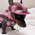 Dirty pink striped dog vest and matching hat set for autumn and winter wear.