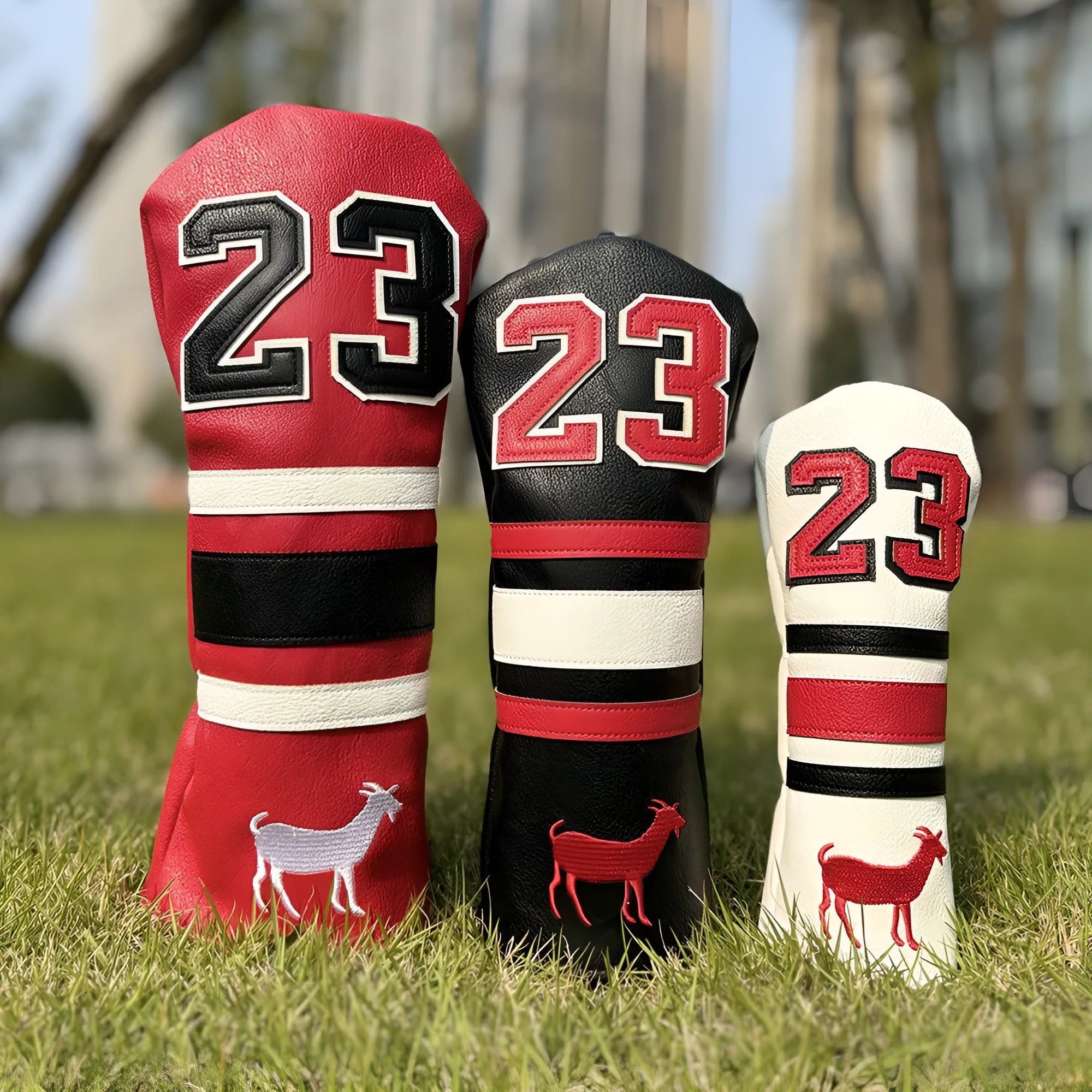 Set of four coloured PU golf club sleeves for iron head protection, including fairway, No1, and putter designs.