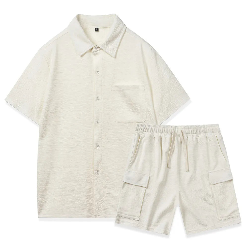 Women's elastic waist shorts two-piece set in beige with short sleeve top.