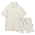 Women's elastic waist shorts two-piece set in beige with short sleeve top.