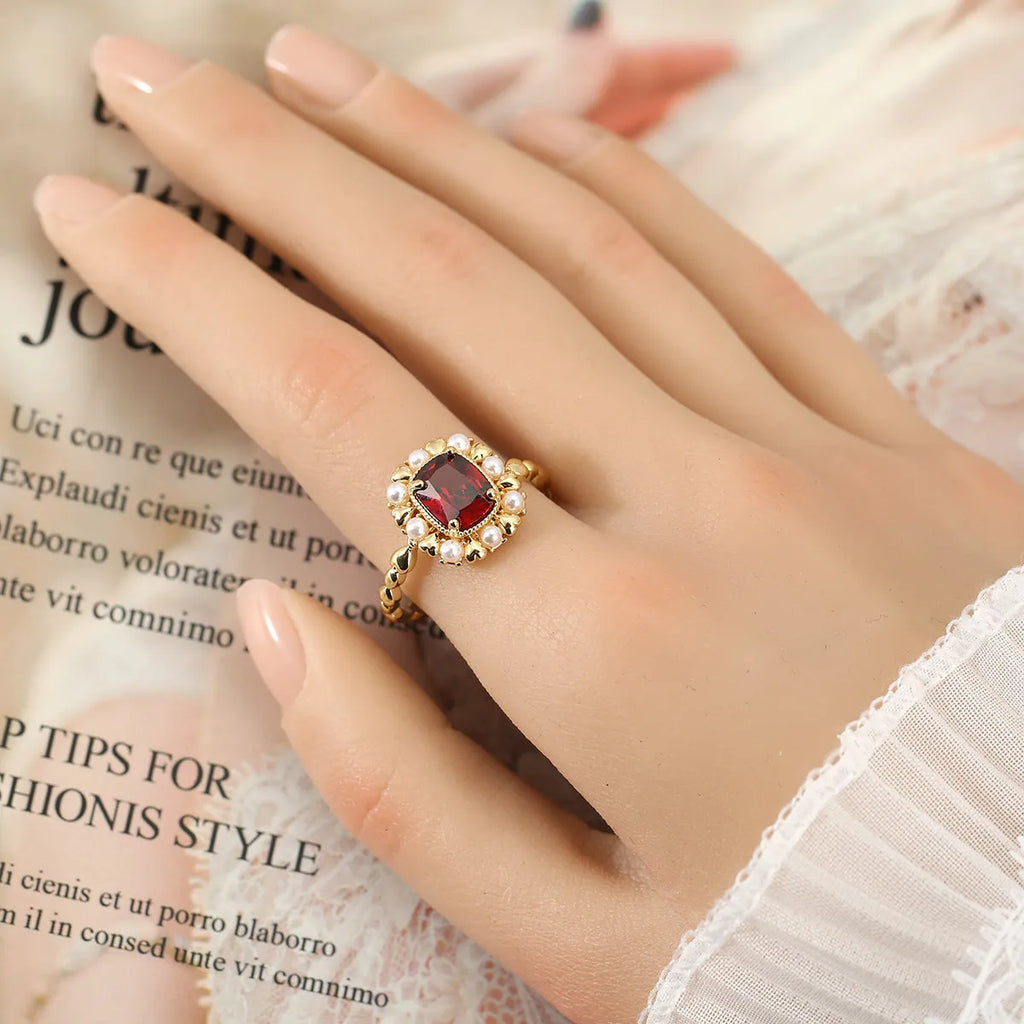 Natural stone garnet red ring with gold electroplating and zircon accents, heart and geometric shape, women's sizes 6-10