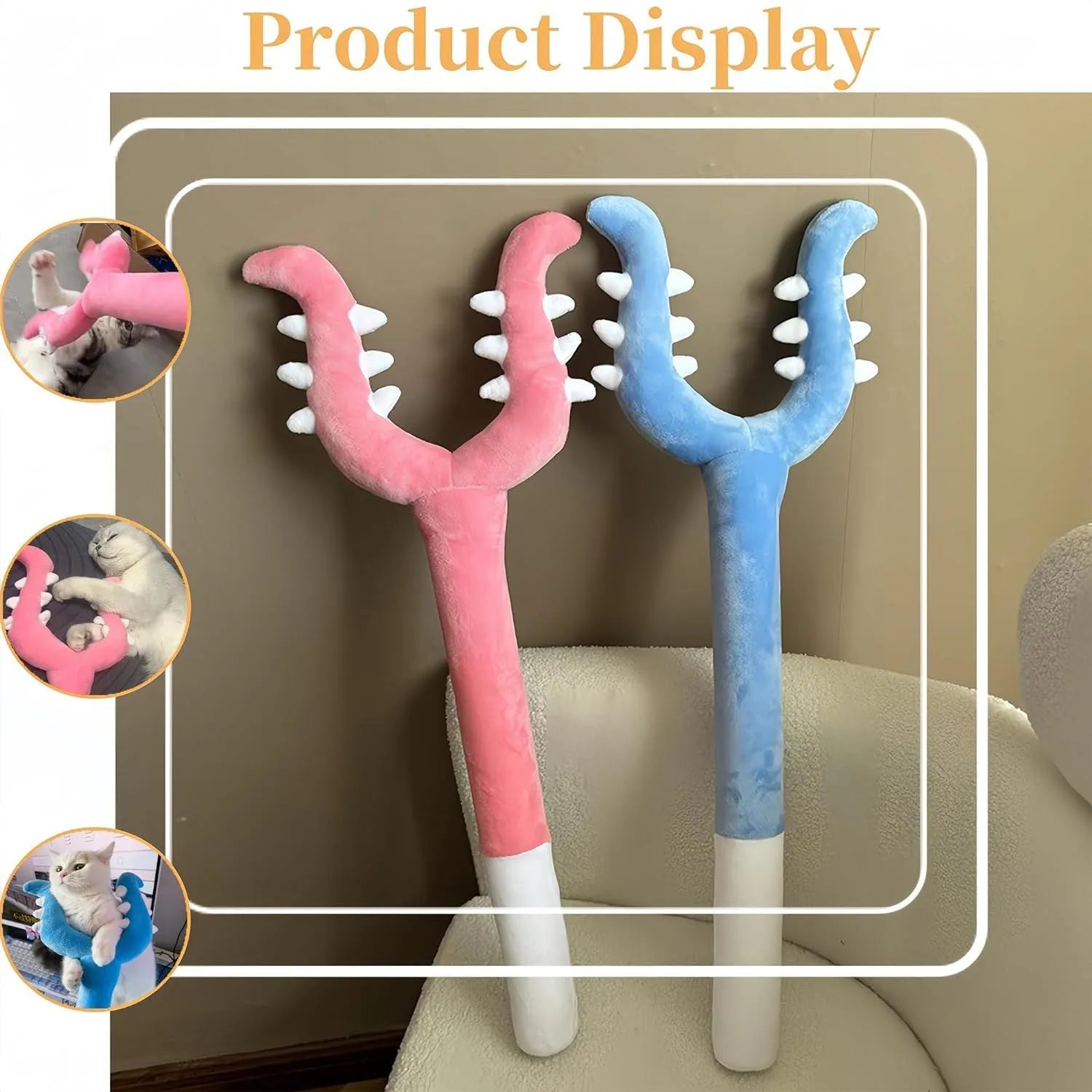 Blue plush cat wand toy with foam filling measuring 70cm length for indoor cat play