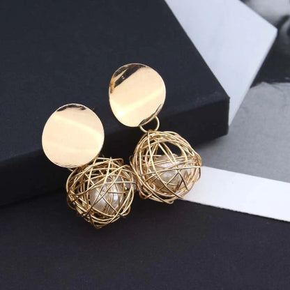 Vintage Geometric Earrings with woven ball and pearl stud design, 4.5cm length