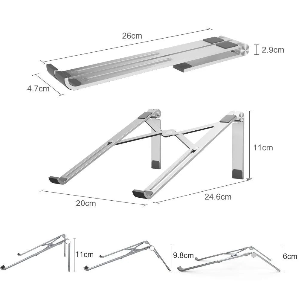 Aluminium laptop stand in black or silver, showing its 26 cm wide bracket design.