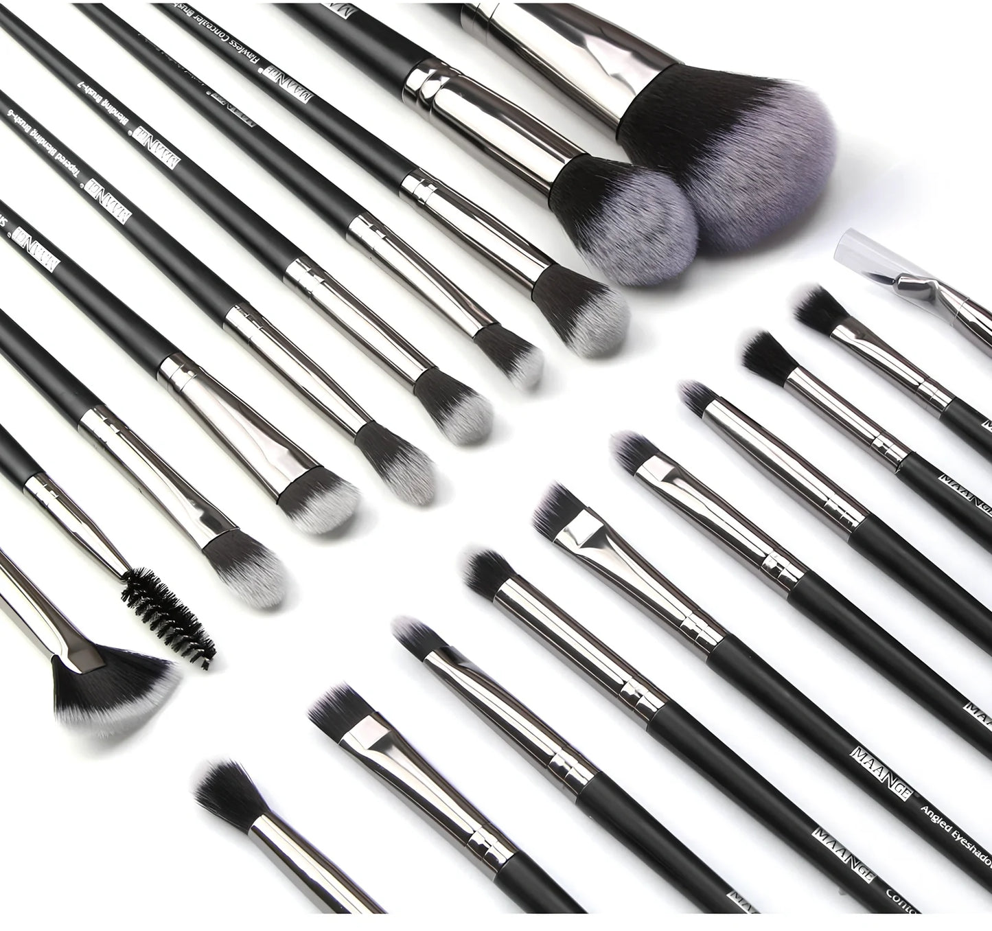 Black 20-piece nylon makeup brush set with PU storage bag, dimensions 19.5 x 12.5 x 2 cm, for precise application