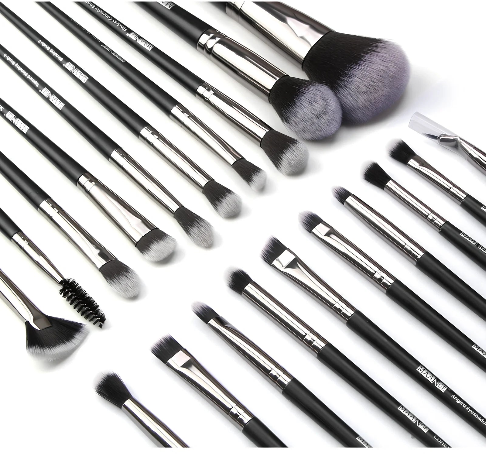 Black 20-piece nylon makeup brush set with PU storage bag, dimensions 19.5 x 12.5 x 2 cm, for precise application