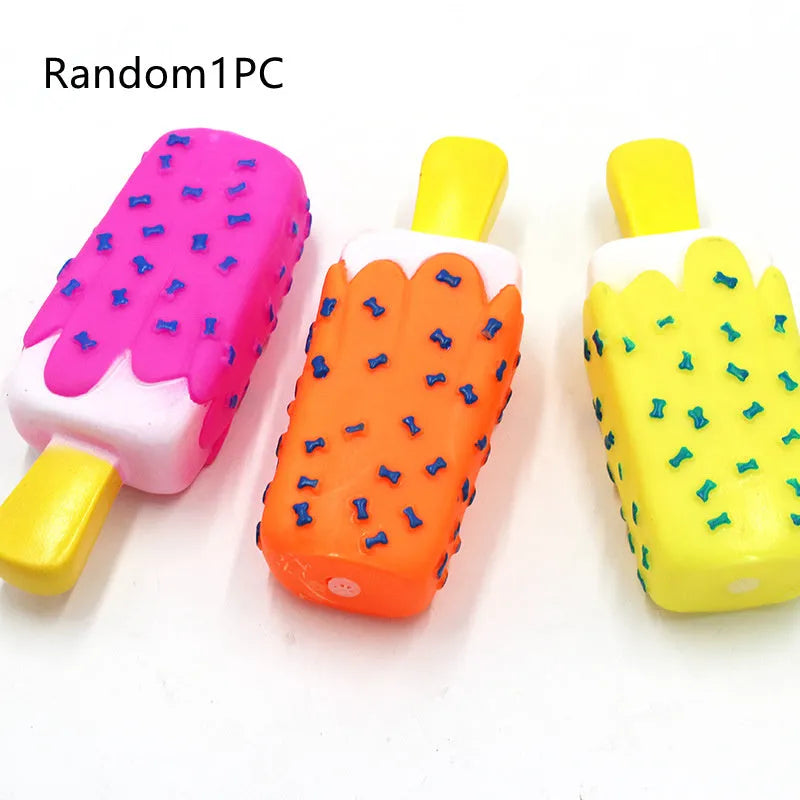 Dog vinyl simulation popsicle ice cream chew toy in random colour, measures 15x6cm.