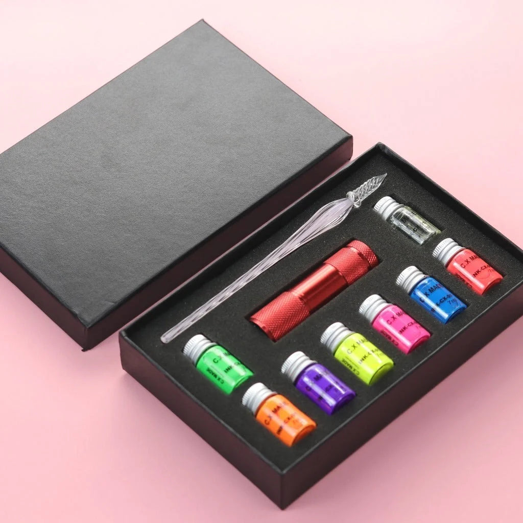 Fluorescent fountain pen dip ink set with 8 glowing colours in borosilicate glass bottles