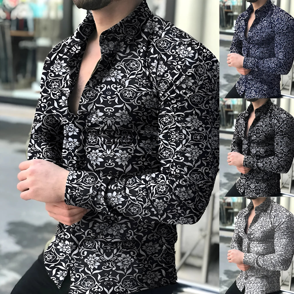 Men's long sleeve dress shirt with leaf print, stand collar, in cotton blend fabric, black colour