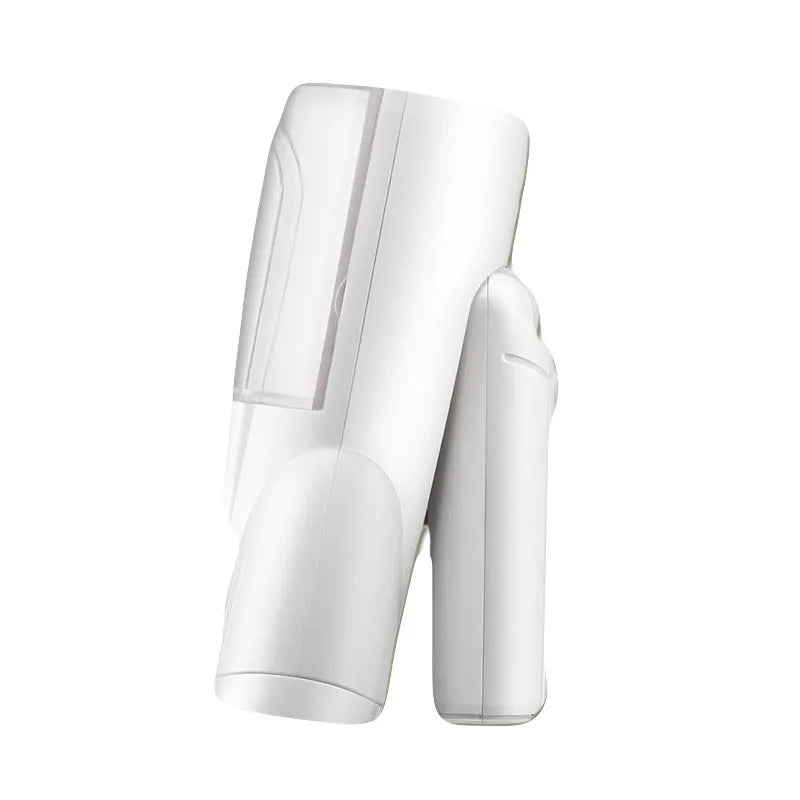 White folding ironing machine with 800W steam function, compact folded size 10cm by 6.2cm by 18cm, includes long hair brush