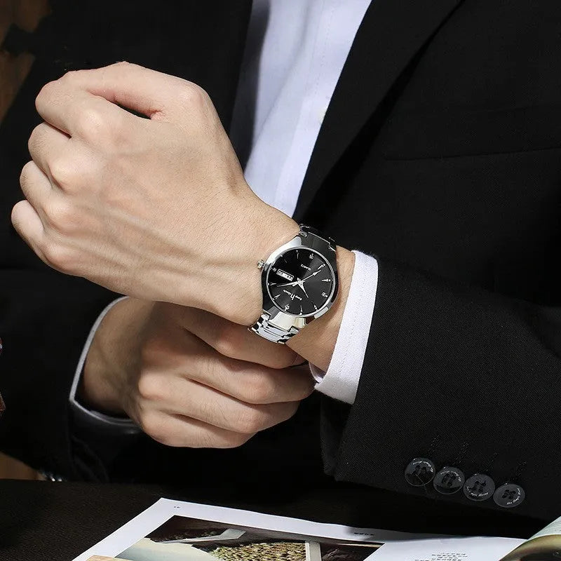 Luminous quartz couple watch with calendar, 38mm round dial, alloy case, mineral glass, and IP plating strap