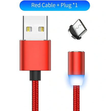 YBD 1m black magnetic LED charging cable with three-in-one plugs for iPhone and Android, showing N52 magnet connection