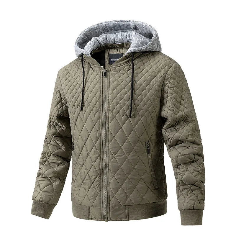 Men's casual quilted jacket with removable hood in polyester blend, available in black, army green, dark blue, khaki