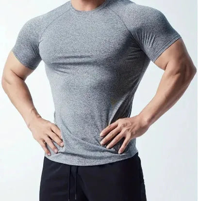 Men's stretch polyester short sleeve T-shirt in black, grey, green, or pink colours