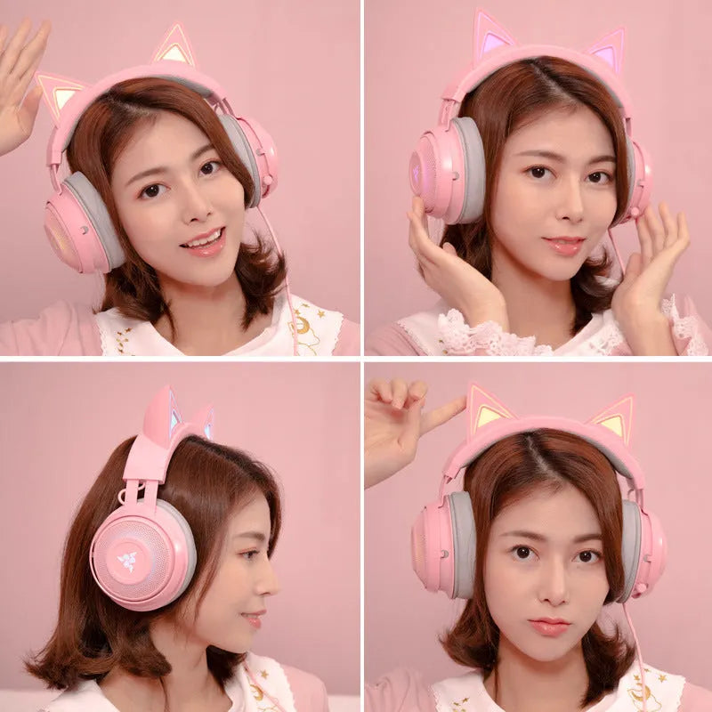 Pink glowing cat earphones wired USB headset with LED lights for kids