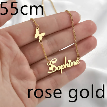 Custom name pendant necklace in titanium steel with 925 silver plating, rose gold chain 45cm length