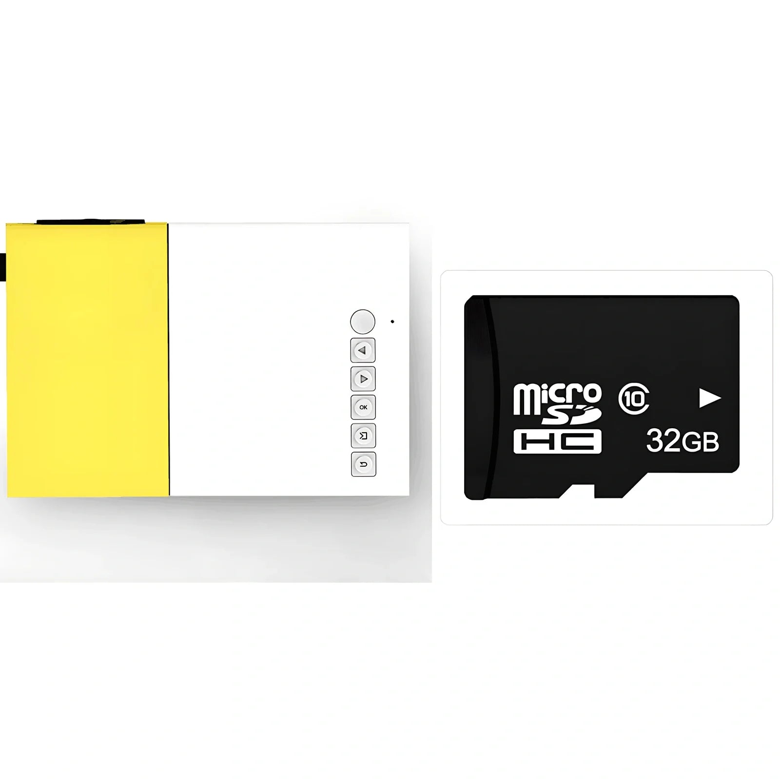 Yellow 1080P LED mini projector with HDMI ports, projecting 80-inch image from 1.2m distance