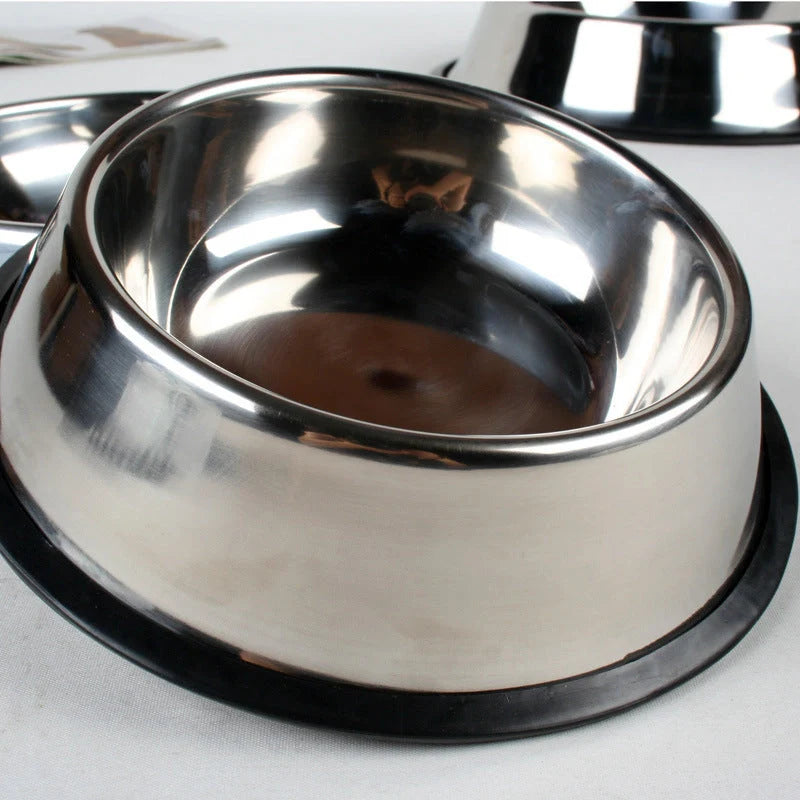 Stainless steel pet bowls with non-slip base, available in multiple sizes