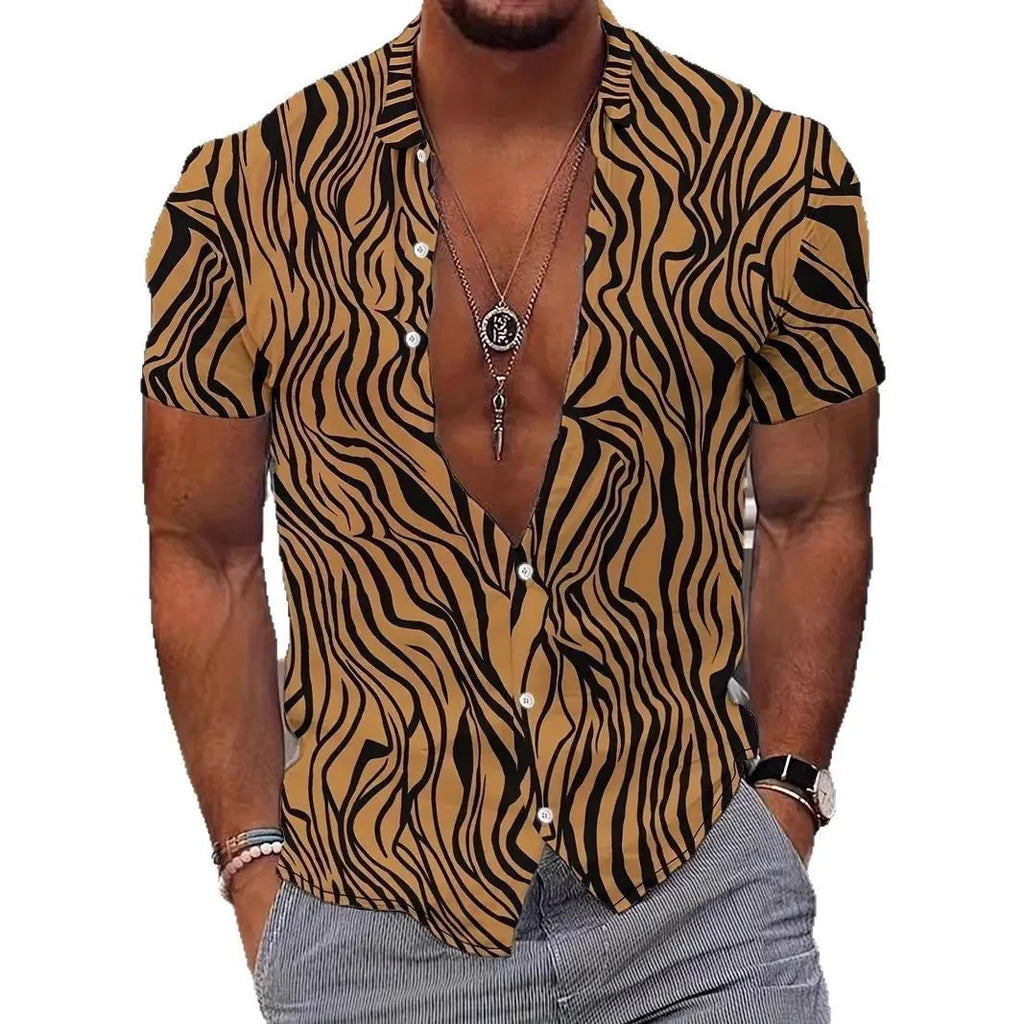 Men's slim fit geometric print short sleeve shirt with lapel collar in lightweight polyester fabric.