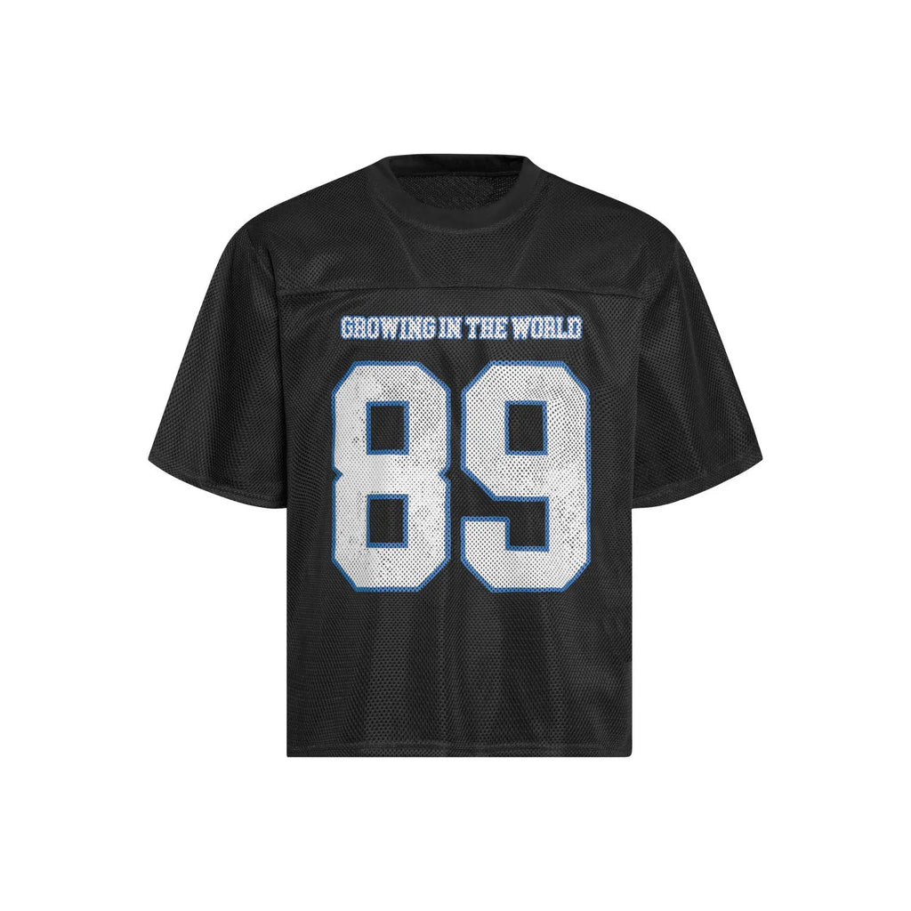 Men's black and white loose-fit alphanumeric print casual t-shirt on a hanger