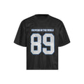 Men's black and white loose-fit alphanumeric print casual t-shirt on a hanger