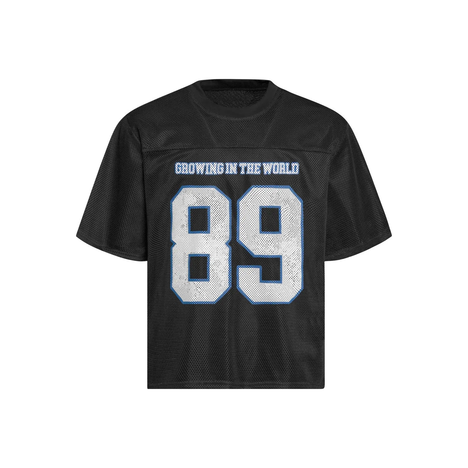 Men's black and white loose-fit alphanumeric print casual t-shirt on a hanger