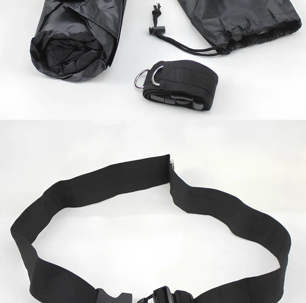 Black 56 inch speed training parachute with adjustable belt providing 15-33 pounds resistance for running