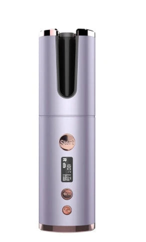 Wireless rechargeable curling iron with automatic rotation in grey, pink, gold, and purple