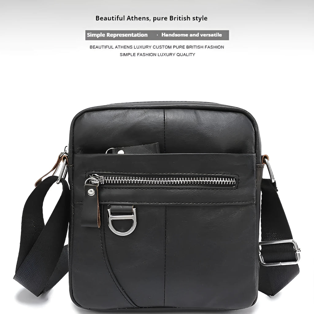Black genuine leather messenger bag for boys with retro styling and crossbody strap
