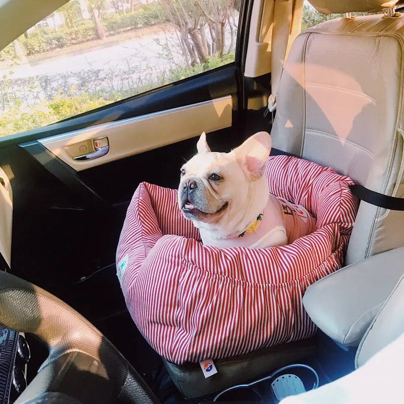 Travel car seat cushion for small dogs with raised sides in blue stripes on a car seat, Oxford cloth construction