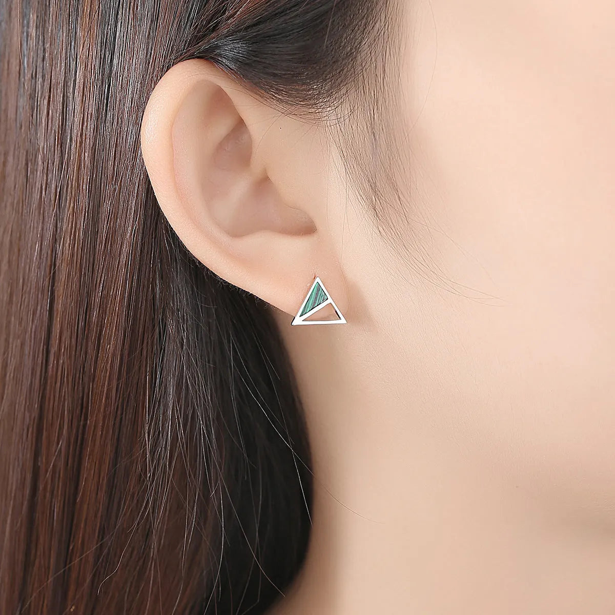 Geometric malachite stud earrings in silver with green colour, Korean style, pure silver inlay